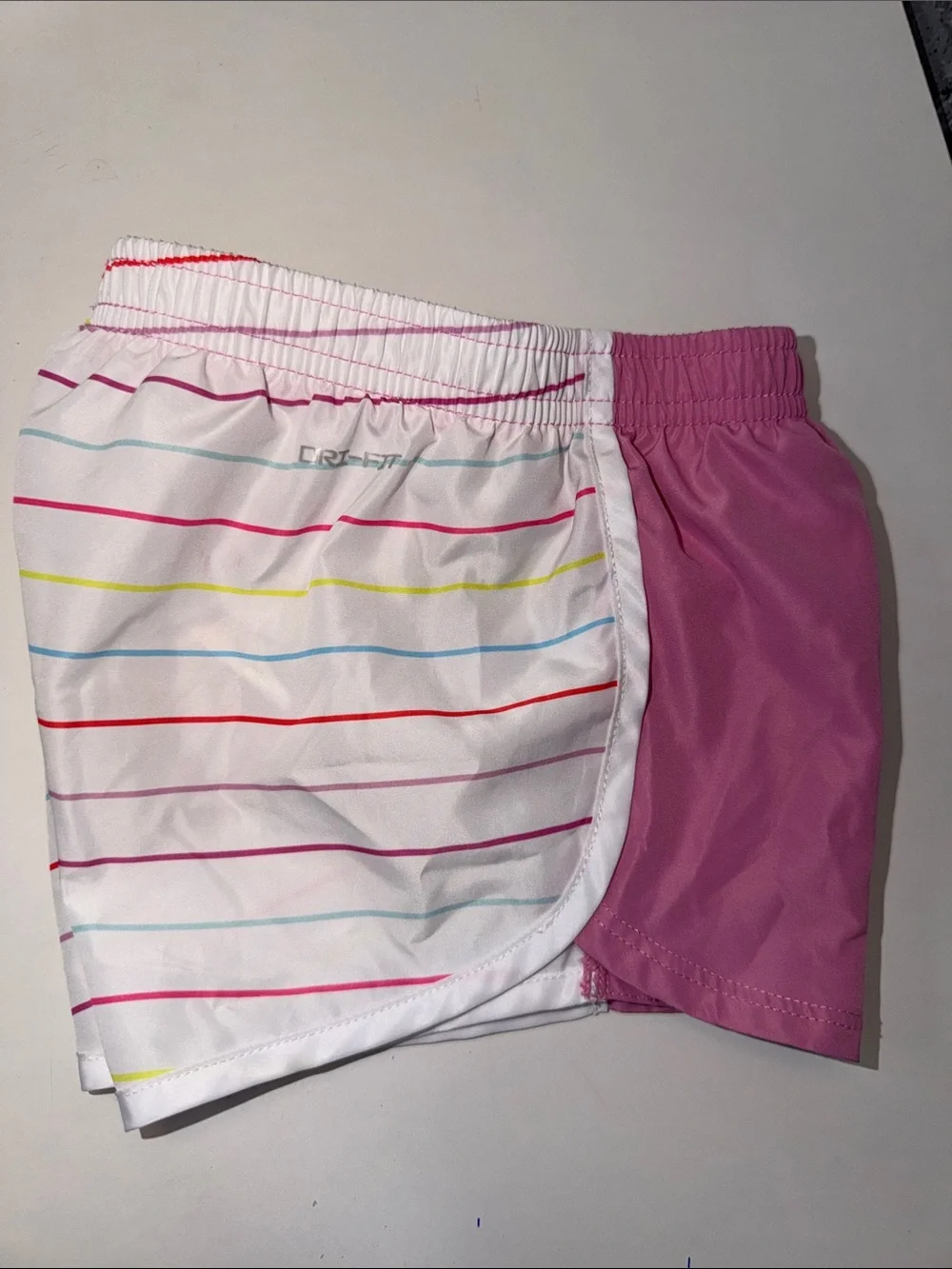 Nike Girls Pink & White Striped Shorts with Rainbow Lines